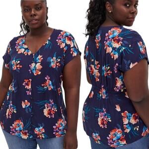 Torrid Top Women's Size 5X Fit And Flare Challis Button-Front Blouse Floral Blue